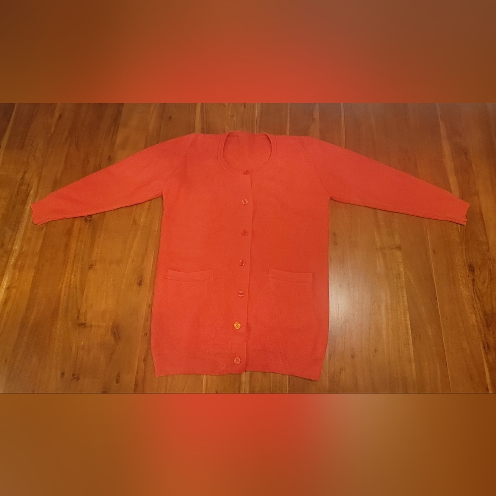 Women's Orange Knit Buttoned Cardigan with Pockets
